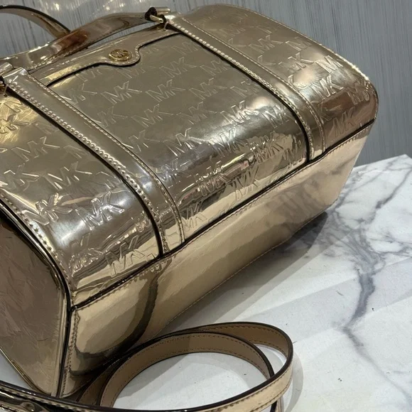 NWT Michael Kors Jet Set Women Medium Metallic Logo Debossed Satchel Bag - Picture 6 of 9